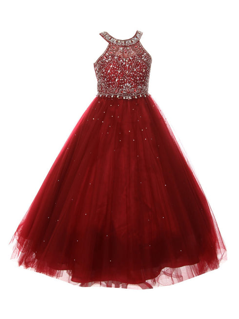 Girls Dazzling Halter Beaded Tulle Special Occasion Dress Gown 4-16 - SophiasStyle.com